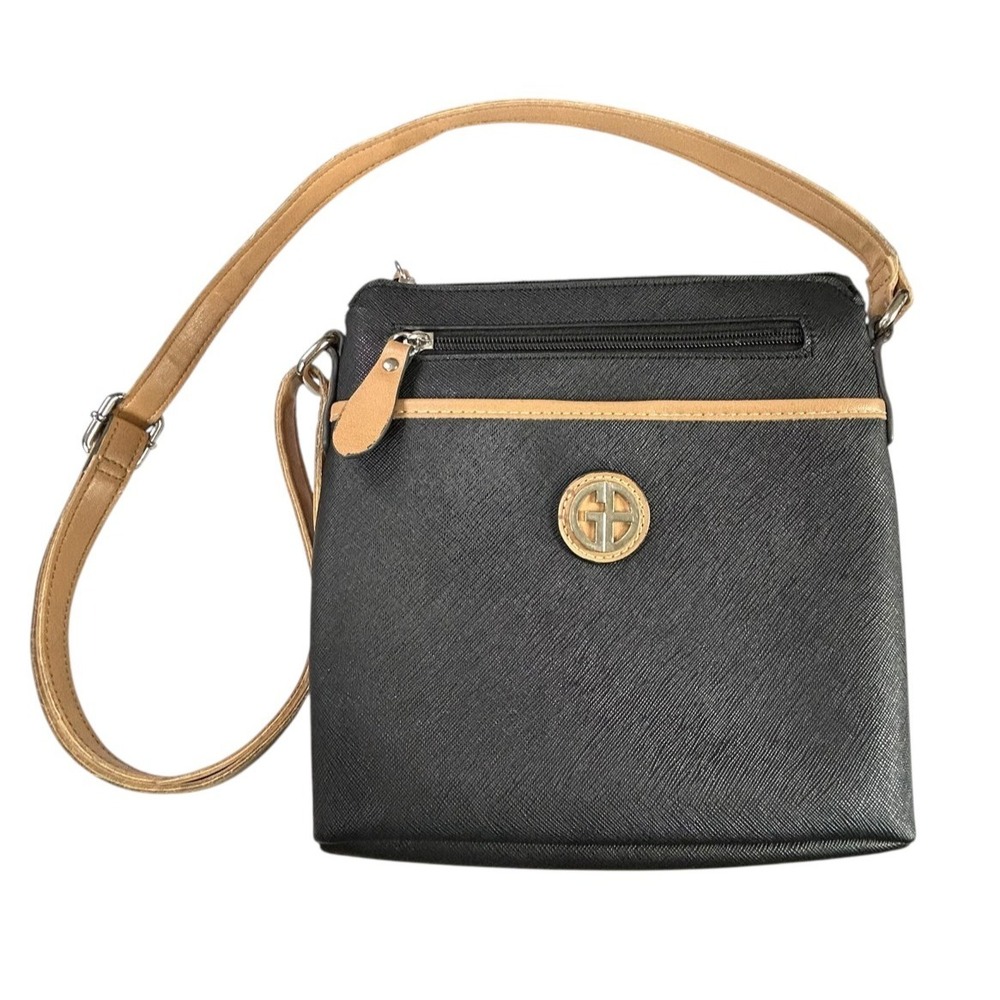 Giani Bernini Purse Womens 9'x9'x2' Crossbody Bag Black Tan Faux Leather Handbag - Picture 1 of 15